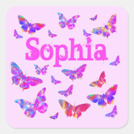 Kleurrijke Vlinderkunst Roze Sophia Voeg Naam Toe  Vierkante Sticker