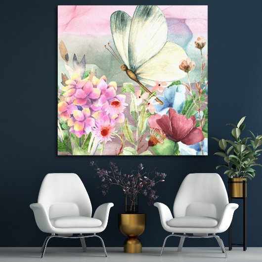 Kleurrijke vlinderkusjes tussen wilde bloemen canvas afdruk