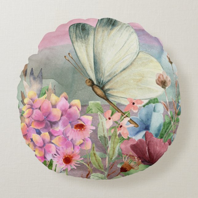 Kleurrijke vlinderkusjes tussen wilde bloemen rond kussen (Voorkant)