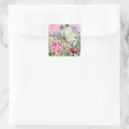 Kleurrijke vlinderkusjes tussen wilde bloemen vierkante sticker