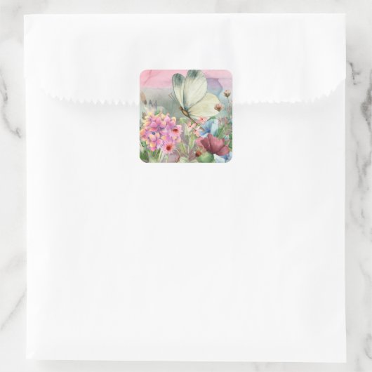 Kleurrijke vlinderkusjes tussen wilde bloemen vierkante sticker (Tas)