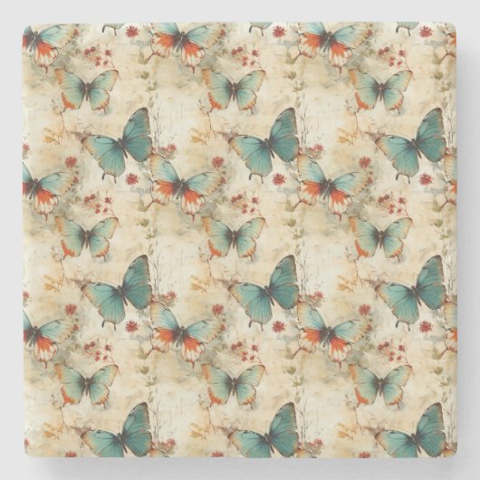 Kleurrijke  Vlinders en Bloemen (3) Stenen Onderzetter (Voorkant)