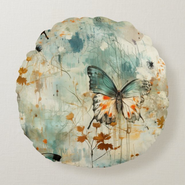 Kleurrijke  Vlinders en Bloemen (4) Rond Kussen (Voorkant)