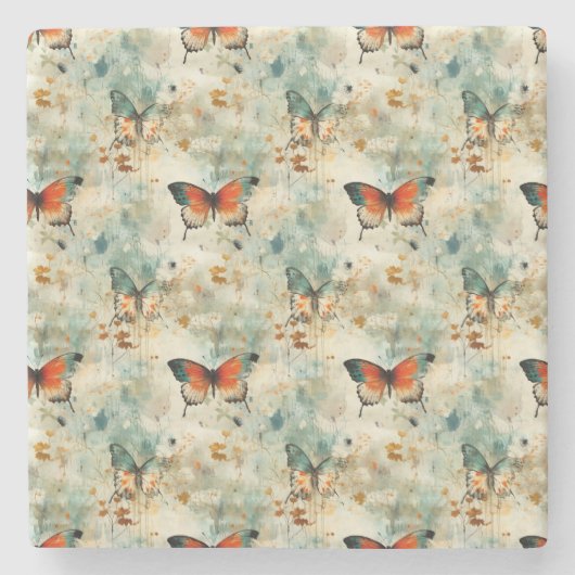 Kleurrijke  Vlinders en Bloemen (4) Stenen Onderzetter (Voorkant)