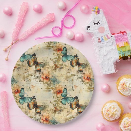 Kleurrijke  Vlinders en Bloemen (8) Papieren Bordje (Feest)