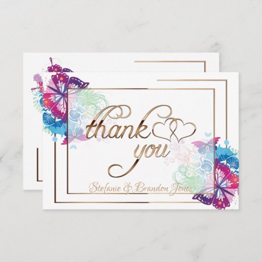Kleurrijke vlinders en Floral/Gold Trim Bedankkaart (Voorkant / Achterkant)