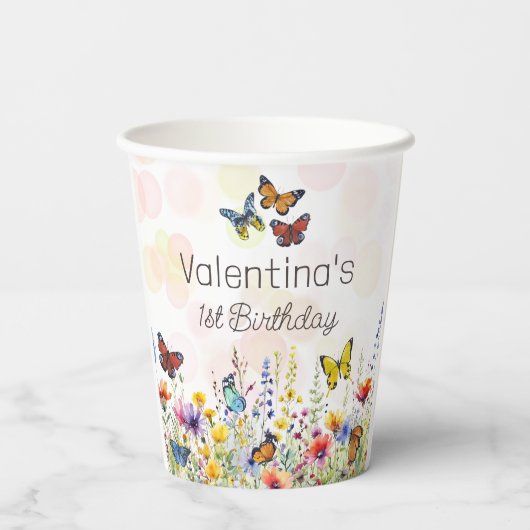 Kleurrijke Vlinders en Wildbloemen Verjaardag Papieren Bekers (Achterkant)