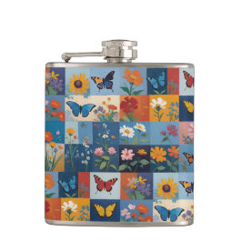 Kleurrijke Vlinders En Wilde Bloemen Patchwork Heupfles