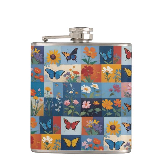 Kleurrijke Vlinders En Wilde Bloemen Patchwork Heupfles (Voorkant)