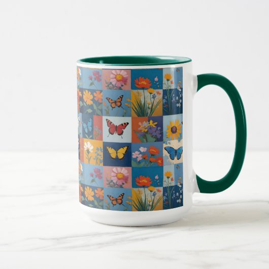 Kleurrijke Vlinders En Wilde Bloemen Patchwork Mok (Rechts)
