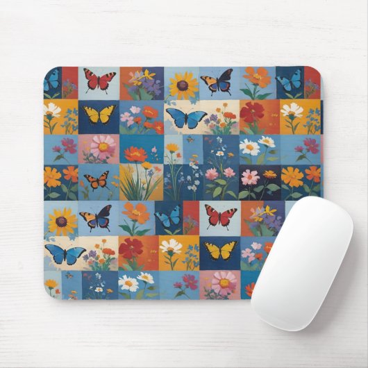 Kleurrijke Vlinders En Wilde Bloemen Patchwork Muismat (Met muis)