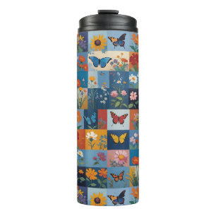 Kleurrijke Vlinders En Wilde Bloemen Patchwork Thermosbeker