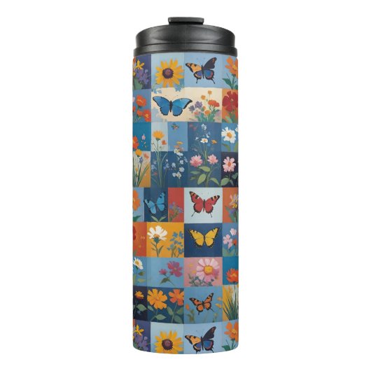 Kleurrijke Vlinders En Wilde Bloemen Patchwork Thermosbeker (Voorkant)