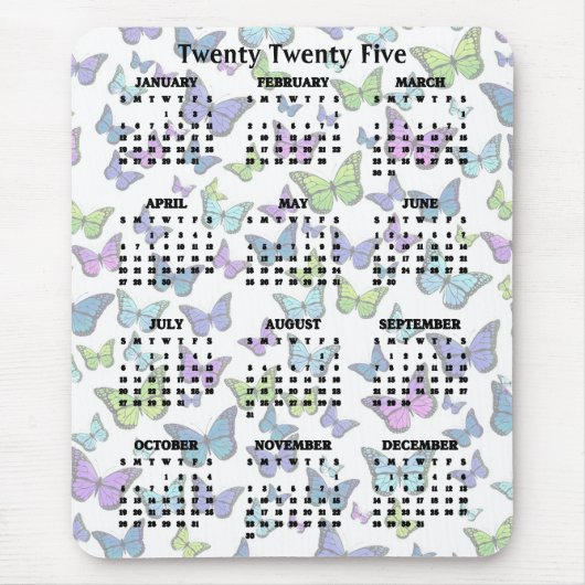 Kleurrijke Vlinders Ontwerp 2025 Kalender Muismat (Voorkant)