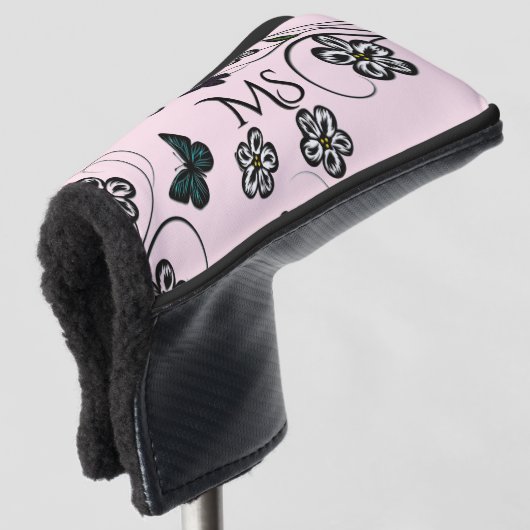 Kleurrijke vlinders op roze bloemen Persoonlijk Golfheadcover (3/4 voorkant)