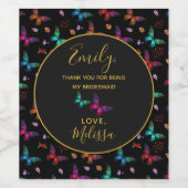 Kleurrijke vlinders op zwart bruidsmeisje dank u wijn etiket (Enkel label)