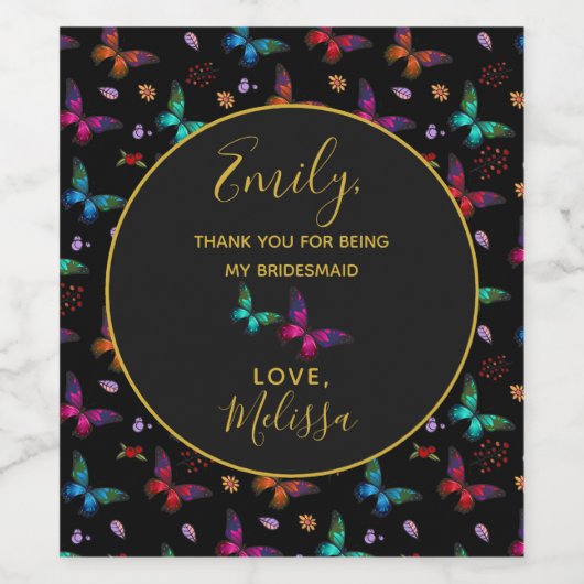 Kleurrijke vlinders op zwart bruidsmeisje dank u wijn etiket (Enkel label)