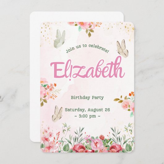 Kleurrijke Vlinders Prinses Meisje's verjaardag Aankondiging (Voorkant / Achterkant)