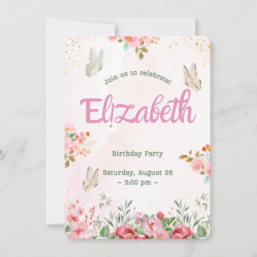 Kleurrijke Vlinders Prinses Meisje's verjaardag Aankondiging (Voorkant)