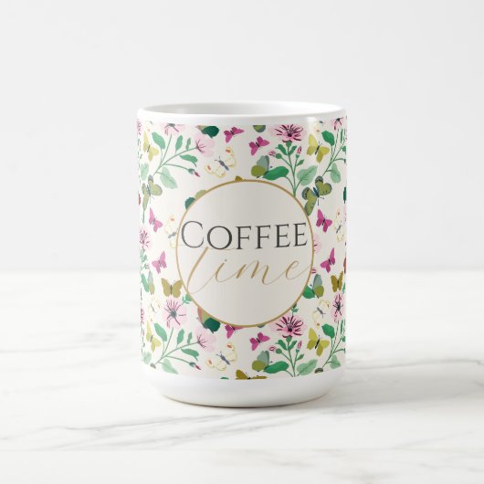 Kleurrijke Vlinders Roze Bloemen Crème Botanisch Koffiemok (Center)