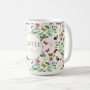 Kleurrijke Vlinders Roze Bloemen Crème Botanisch Koffiemok