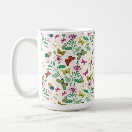 Kleurrijke Vlinders Roze Bloemen Crème Botanisch Koffiemok (Links)