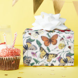 Kleurrijke vlinders Roze bloemen & Groene bladeren Cadeaupapier