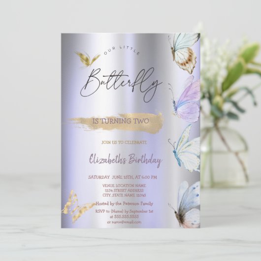 Kleurrijke Vlinders Violet Metallic Verjaardag Kaart (Staand voorkant)