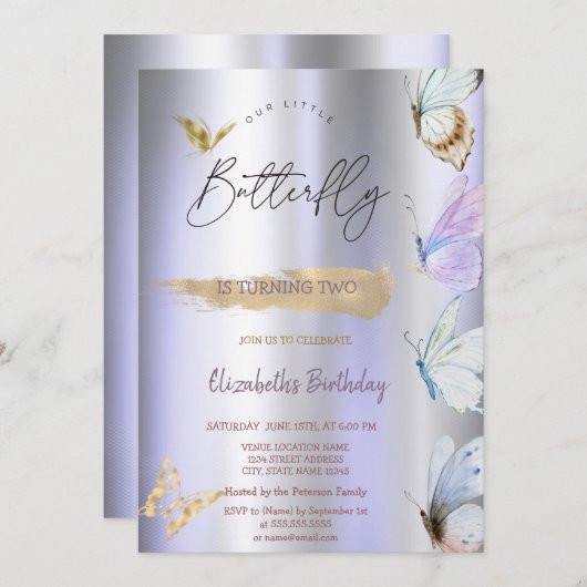 Kleurrijke Vlinders Violet Metallic Verjaardag Kaart (Voorkant / Achterkant)