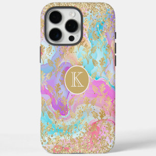Kleurrijke Vloeibare Marmer Gouden Bloemrijke Mono iPhone 16 Pro Max Hoesje