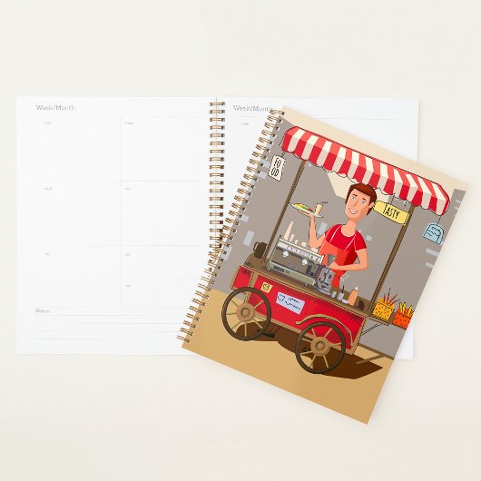 Kleurrijke voedselkar van glimlachende straatvoeds planner
