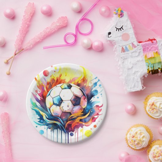 Kleurrijke Voetbal Kinder Waterverf Verjaardag Papieren Bordje (Feest)