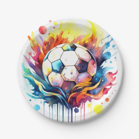 Kleurrijke Voetbal Kinder Waterverf Verjaardag Papieren Bordje (Voorkant)
