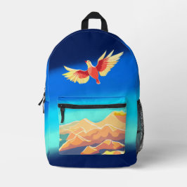 Kleurrijke vogel die boven de bergen vliegt bedrukte rugzak