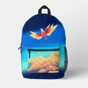 Kleurrijke vogel die boven de bergen vliegt bedrukte rugzak