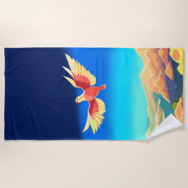 Kleurrijke vogel die boven de bergen vliegt strandlaken