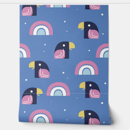 Kleurrijke vogel en regenboog patroon blauw behang