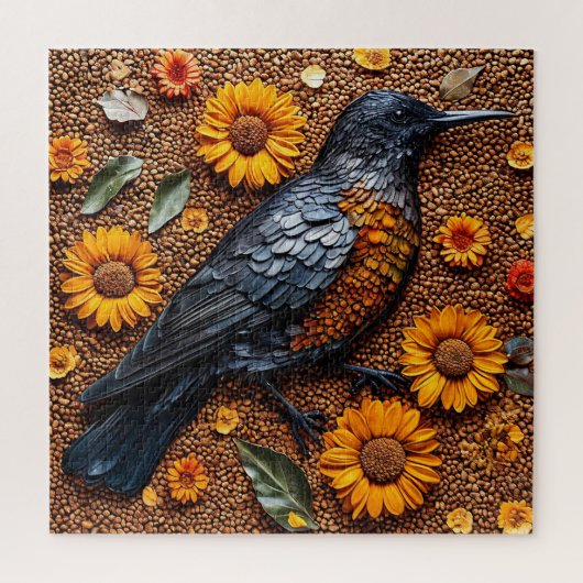 Kleurrijke vogel gearrangeerd met zonnebloemen legpuzzel (Verticaal)