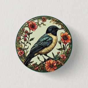 Kleurrijke vogel in een bloemontwerp ronde button 3,2 cm