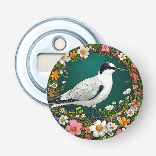 Kleurrijke vogel met bloemenkader button flesopener (Voorkant)