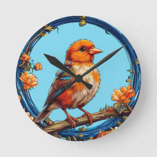 Kleurrijke vogel met bloemenkader ronde klok