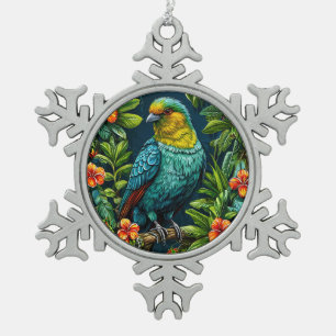 Kleurrijke vogel met bloemenkader tin sneeuwvlok ornament