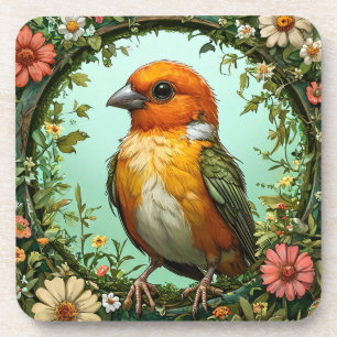 Kleurrijke vogel met bloemframe bier onderzetter