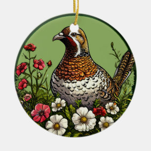 Kleurrijke vogel met bloemframe keramisch ornament