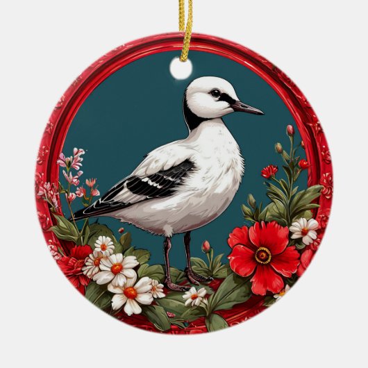 Kleurrijke vogel met bloemframe keramisch ornament (Voorkant)