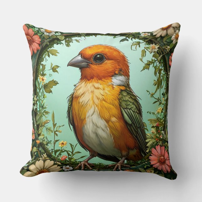 Kleurrijke vogel met bloemframe kussen (Voorkant)