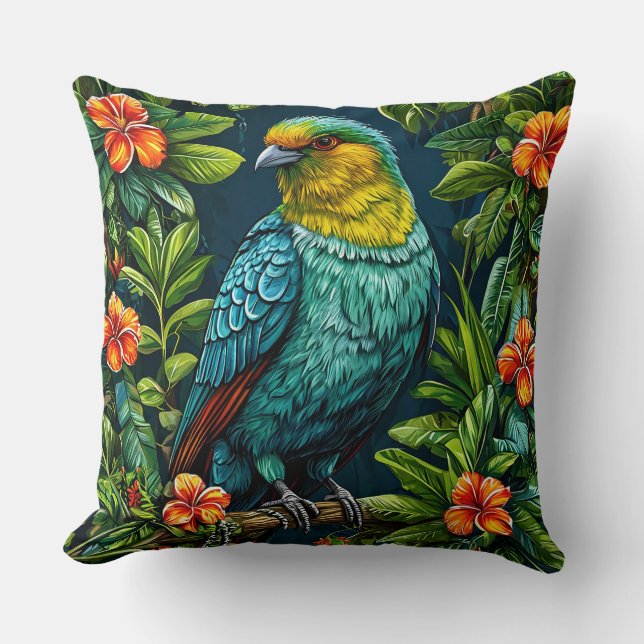 Kleurrijke vogel met bloemframe kussen (Voorkant)