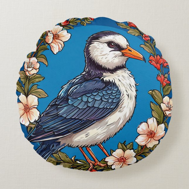 Kleurrijke vogel met bloemframe rond kussen (Voorkant)