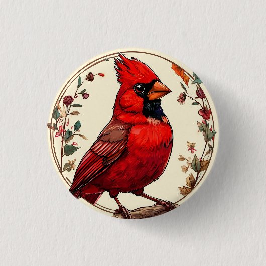 Kleurrijke vogel met bloemframe ronde button 3,2 cm (Voorkant)