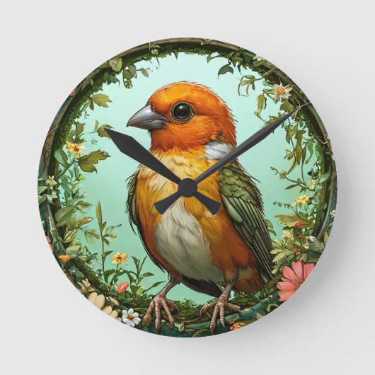 Kleurrijke vogel met bloemframe ronde klok (Voorkant)